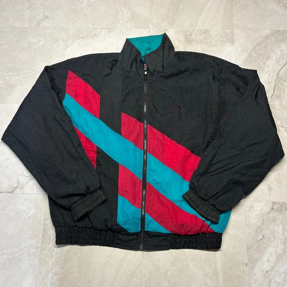 Athletic Works Windbreaker Black Red Teal 90s Colorblock Jacket Mens Large Retro
